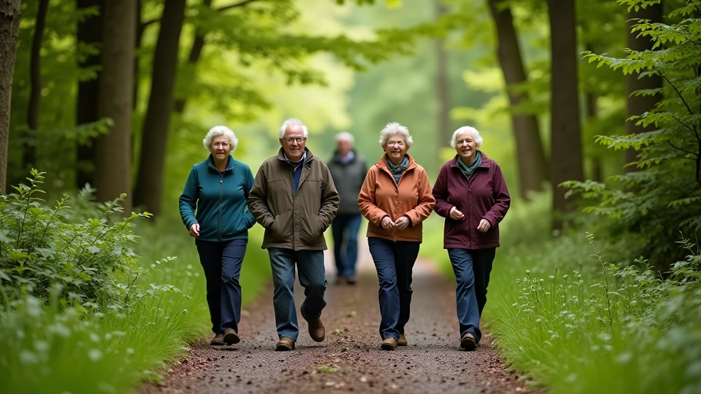 Group of active retirees walking together on forest trail with guide