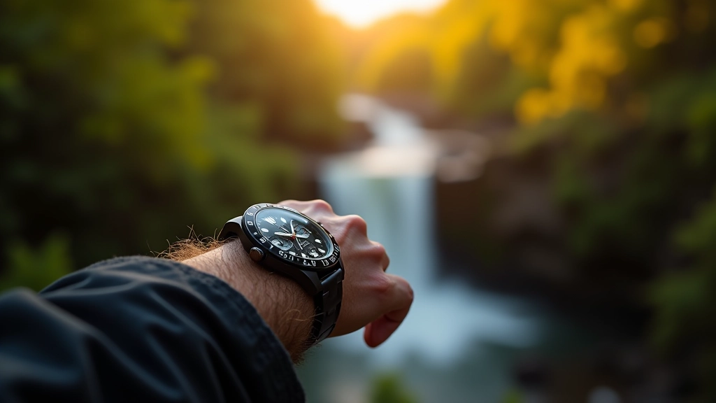 Wristwatch showing time with hiking trail landscape in blurred background