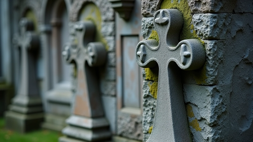 Close-up detail of carved stone crosses and medieval architectural details on ancient friary walls