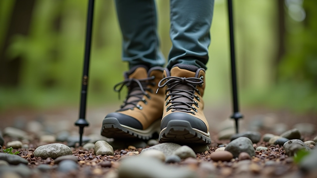 Close-up of hiking boots and walking poles on rocky trail with forest background, detailed shot of tread pattern