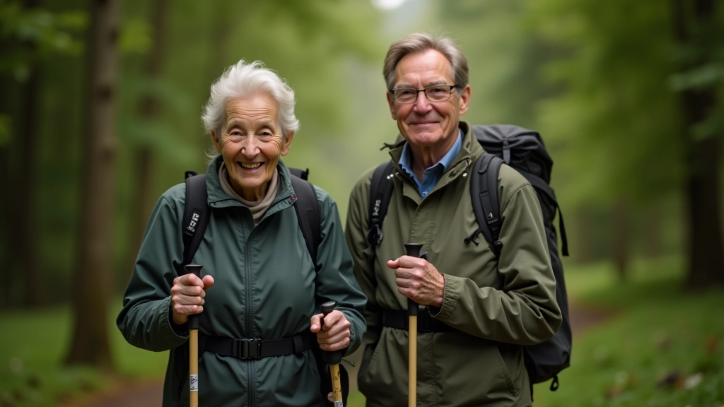 Mature couple in hiking gear walking on forest path with walking poles, smiling and enjoying the outdoors