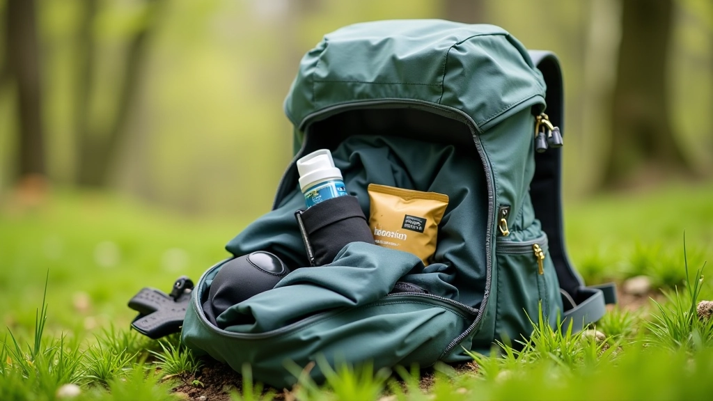 Open hiking backpack on grass with water bottle, snacks, and waterproof jacket neatly arranged