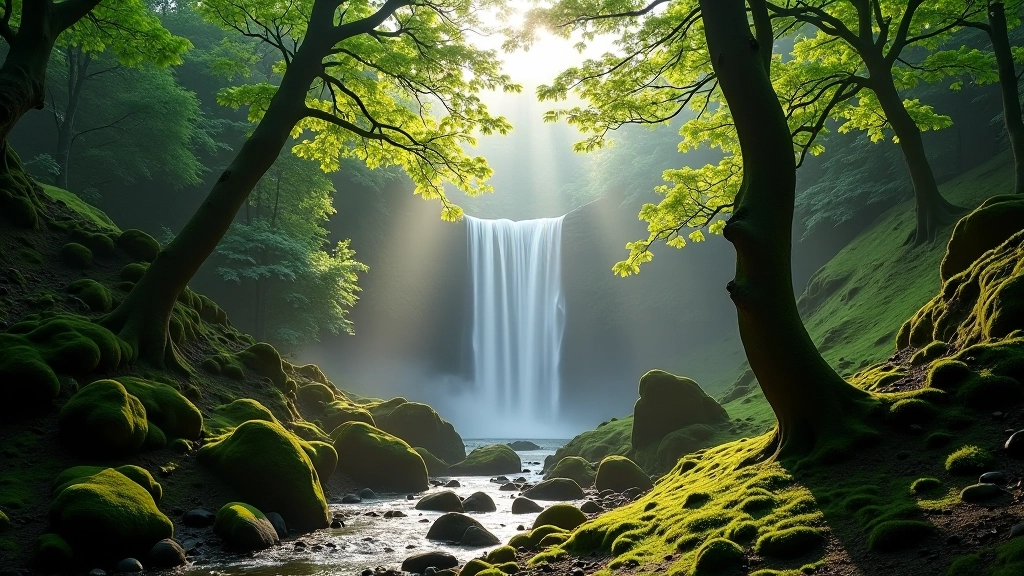 Mist-covered forest landscape with ancient trees and distant waterfall in Killarney National Park