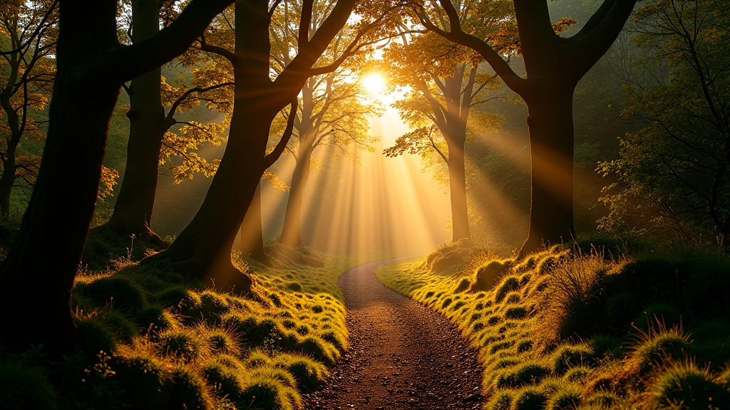 Scenic forest path with autumn light filtering through trees, golden hour in woodland