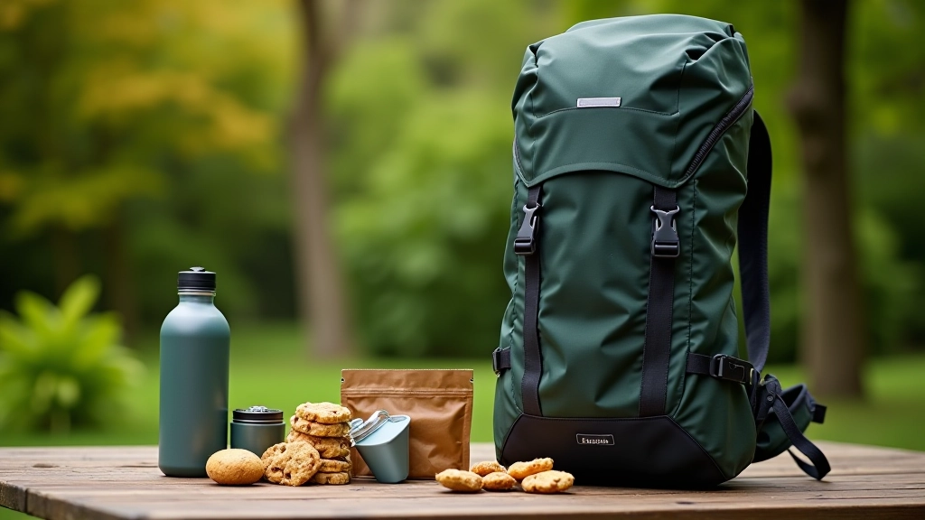 Hiking backpack with water bottle and outdoor gear on wooden table, outdoor preparation scene