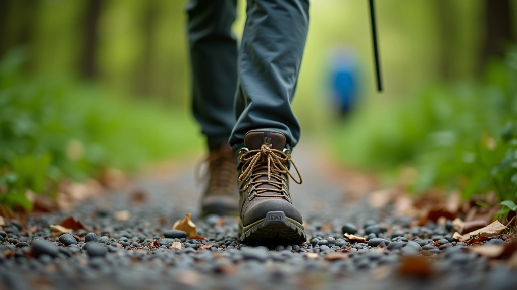 Close-up of hiking boot on gravel forest trail with rocky terrain visible