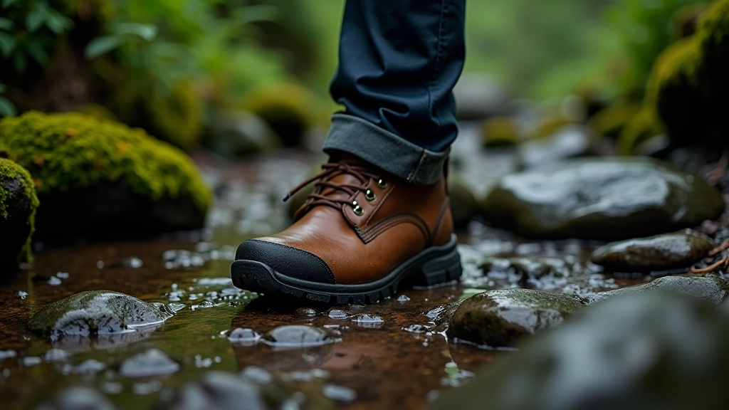 Close-up of hiking boot on wet stone trail with moss and moisture, realistic outdoor hiking conditions, natural daylight