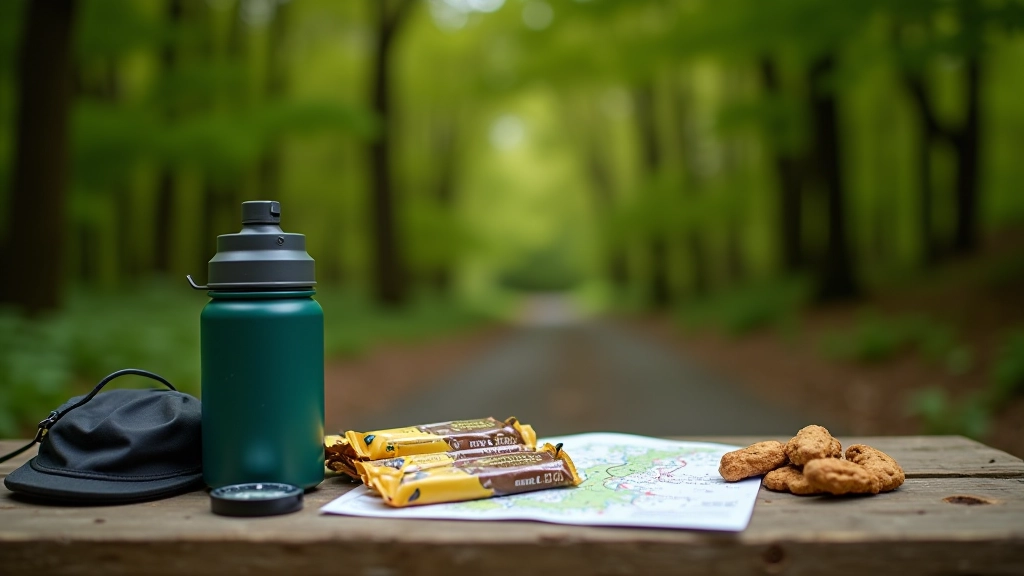 Hiking backpack with water bottle, snacks, and trail map spread out on picnic table in outdoor setting