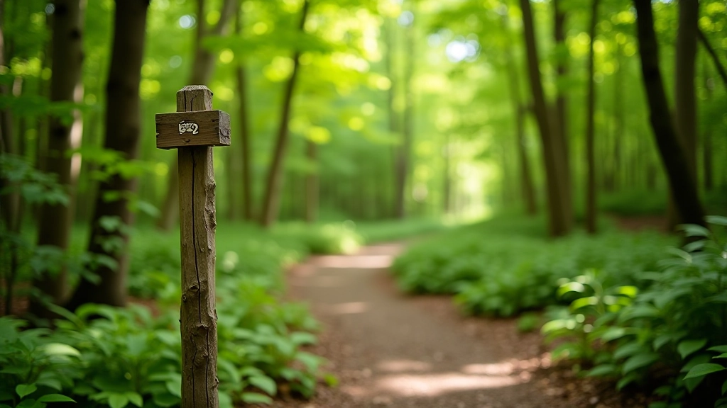 Peaceful forest path with wooden trail markers leading through ancient woodland with dappled sunlight