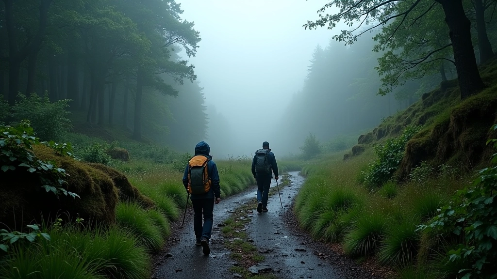 Mountain trail winding through misty forest with hikers in distance wearing waterproof jackets
