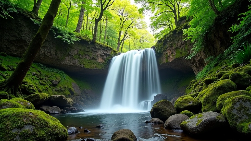 Scenic waterfall cascading through lush forest with misty atmosphere in Killarney National Park