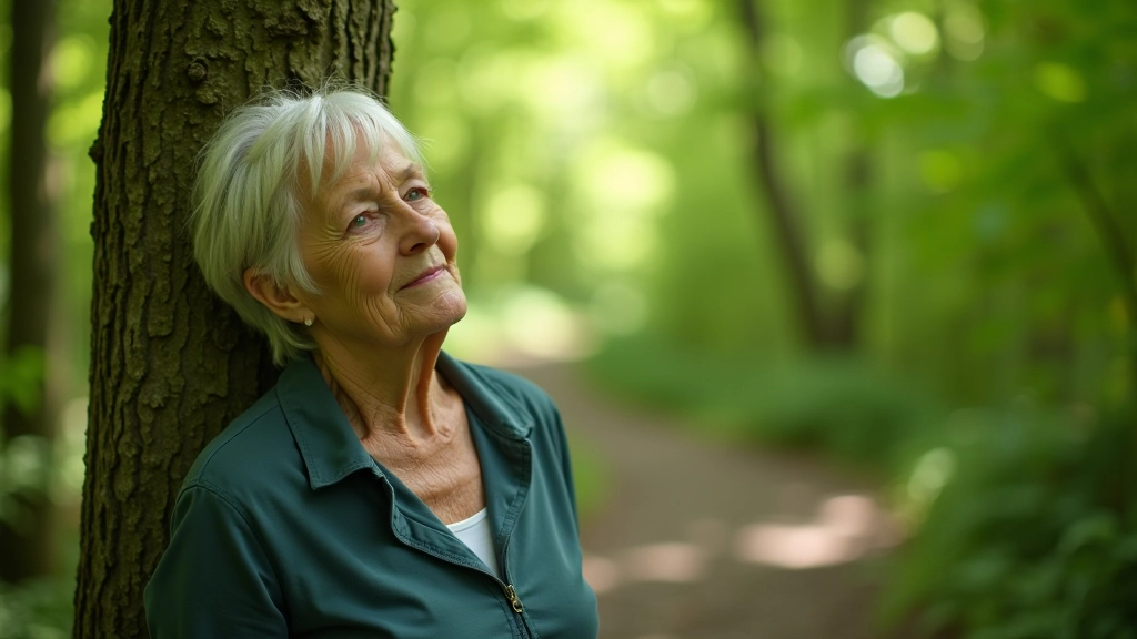 Older adult doing gentle leg stretches against tree trunk on forest trail, peaceful wooded setting