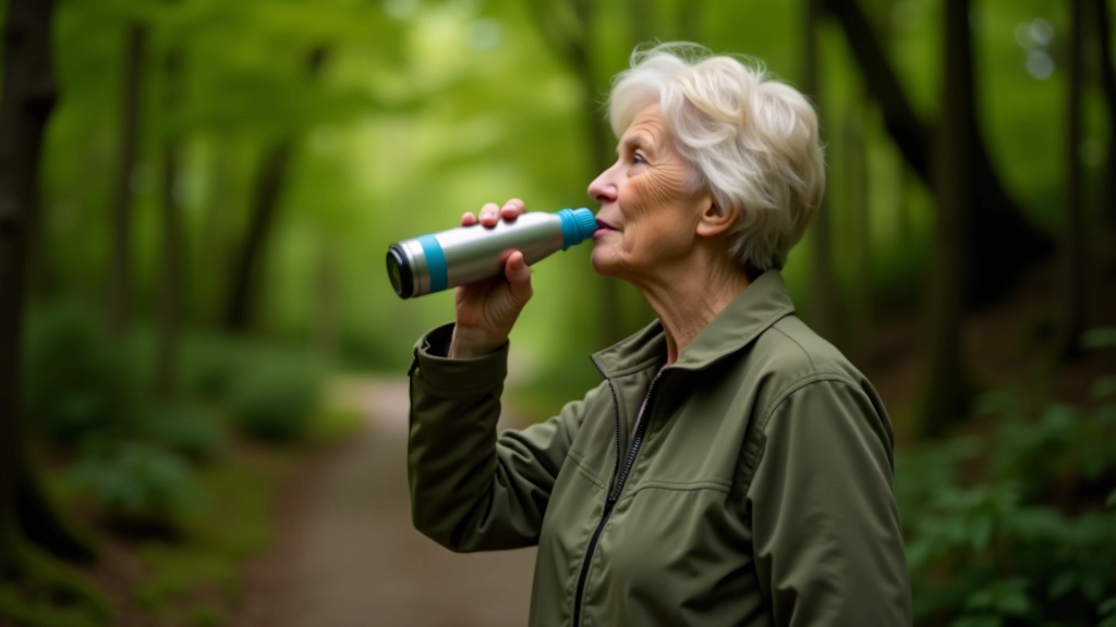 Woman pausing on trail to drink water from hiking bottle, shaded forest setting with green trees in background