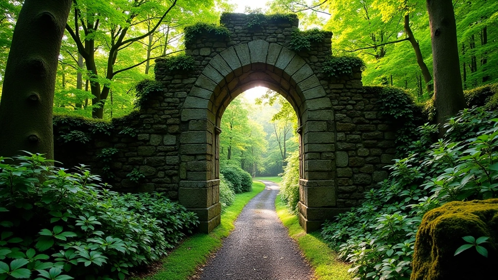 Ancient stone archway of medieval friary ruins surrounded by dense green woodland canopy