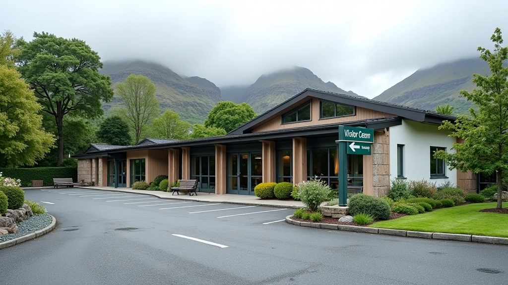 Modern visitor center building with parking area and directional signage for hiking trails