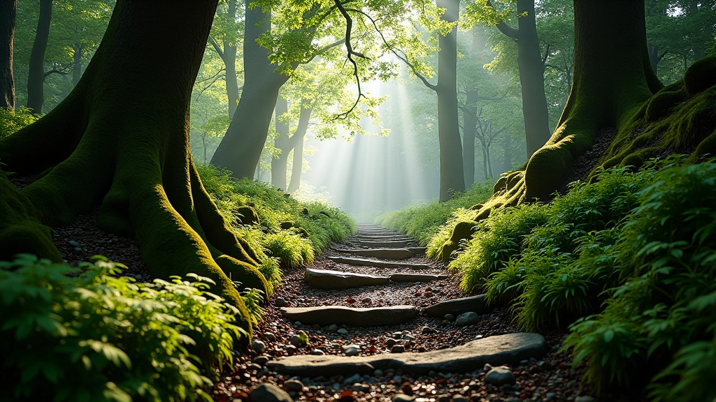 Mountain trail winding through ancient Irish woodland with oak trees and ferns, dappled sunlight on stone path, misty forest atmosphere