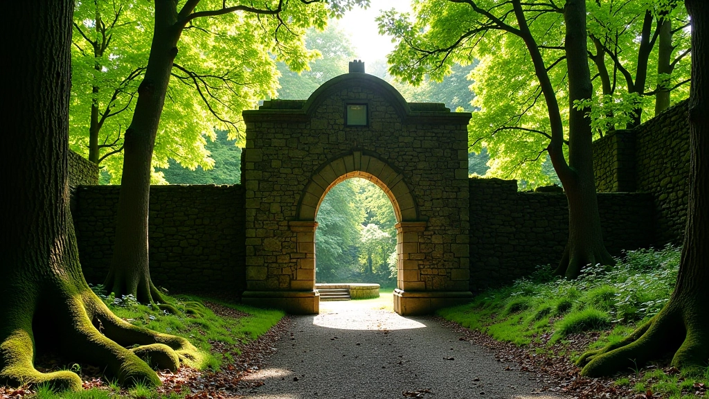 Historic stone archway ruins surrounded by green woodland