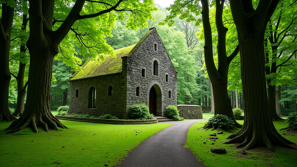 Historic stone ruins of Muckross Friary nestled among mature beech trees with dappled forest light