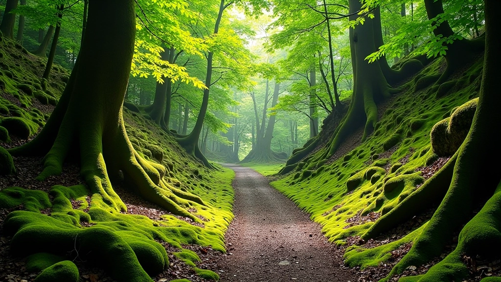 Woodland path through Muckross Glen with ancient trees and mossy ground