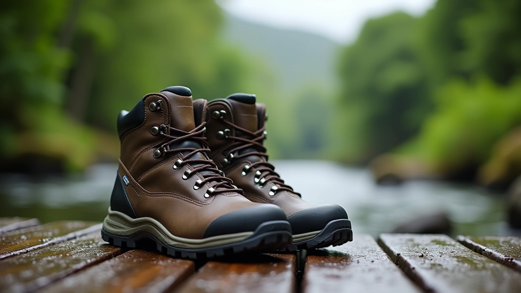 Pair of waterproof hiking boots sitting on wet wooden boardwalk with misty forest background