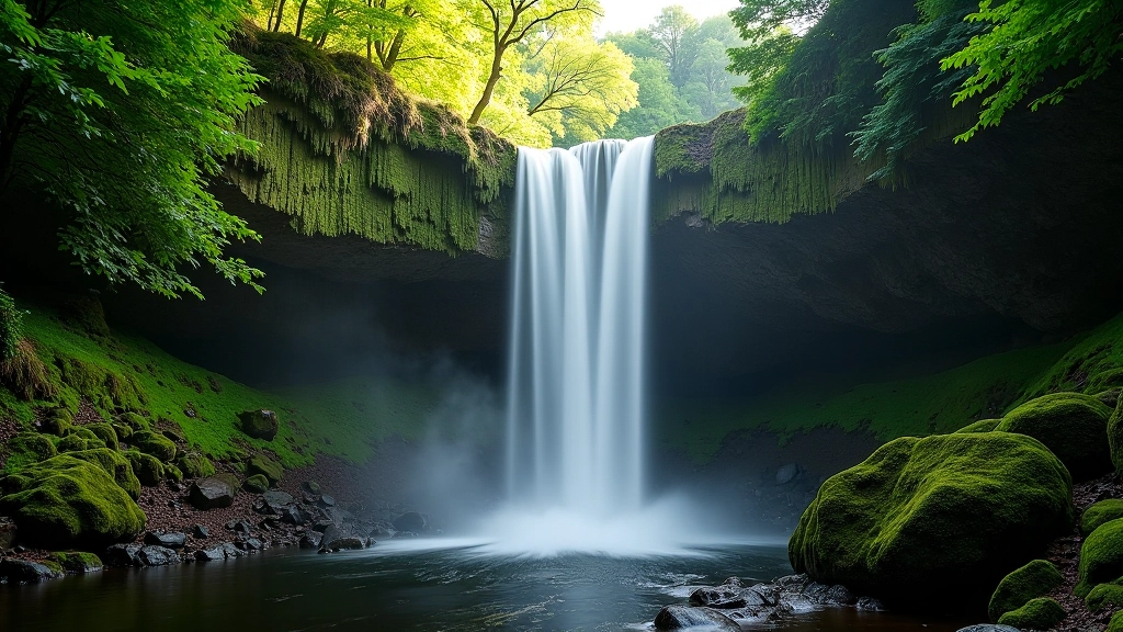 Torc Waterfall cascading down moss-covered rocks surrounded by ancient oak and yew trees in Killarney National Park