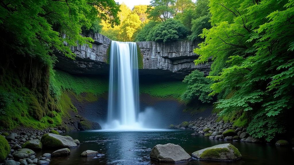 Torc Waterfall cascading down rocky cliff with lush green forest
