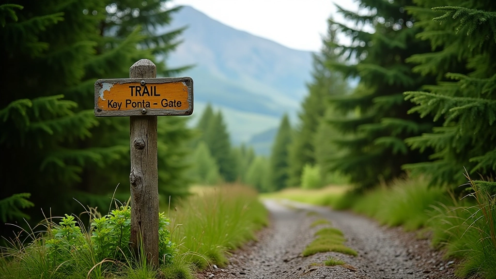 Wooden hiking trail marker post on forest path with Killarney mountains visible through trees in background