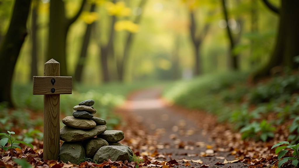 Forest trail marked with stone cairns and wooden signpost pointing toward Muckross estate grounds
